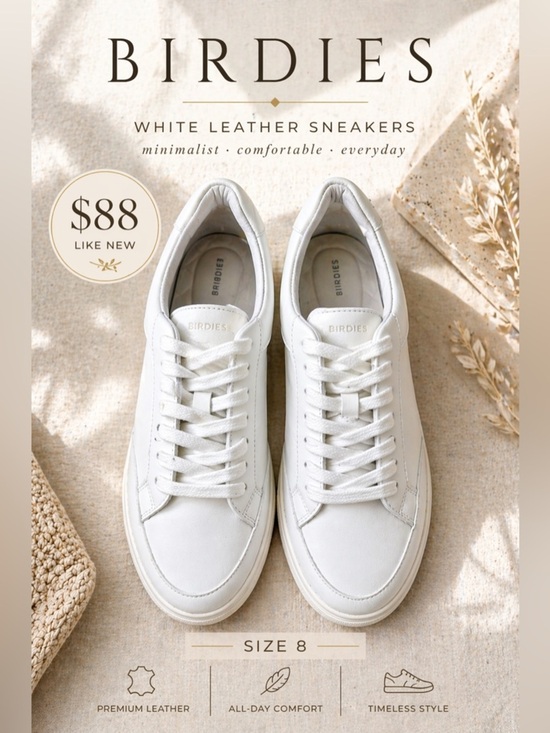 Birdies Shoes - Birdies White Leather Lace-Up Sneakers Size 8 Minimalist